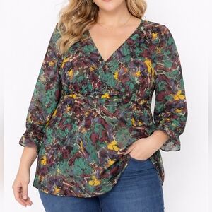 LOFT Floral V-Neck Wrap Style Babydoll Blouse Peplum Long Sleeve XL